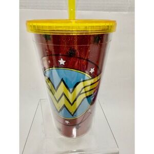 Your Zone Wonder Woman Glitter Tumbler with Lid and Straw 15oz Red Yellow DC